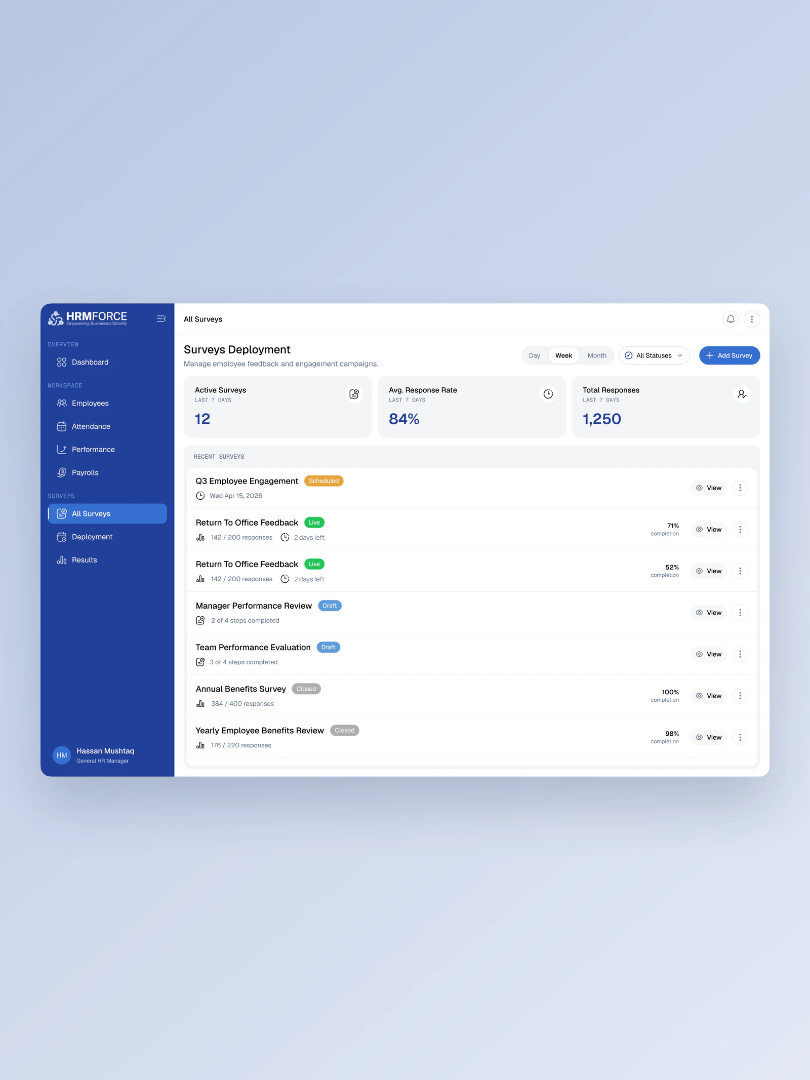 Hassan's HRMForce survey deployment dashboard design